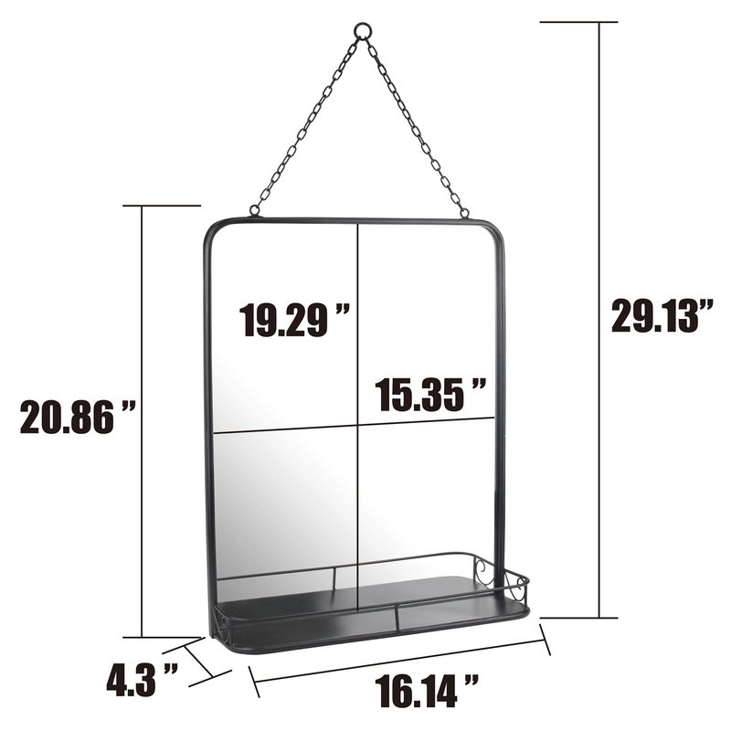 Stonebriar 21" x 16" Rectangle Black Metal Wall Mirror with Hanging Chain and Shelf, Decorative Industrial Decor for the Living Room, Bedroom, Bathroom, Hallway, and Entryway