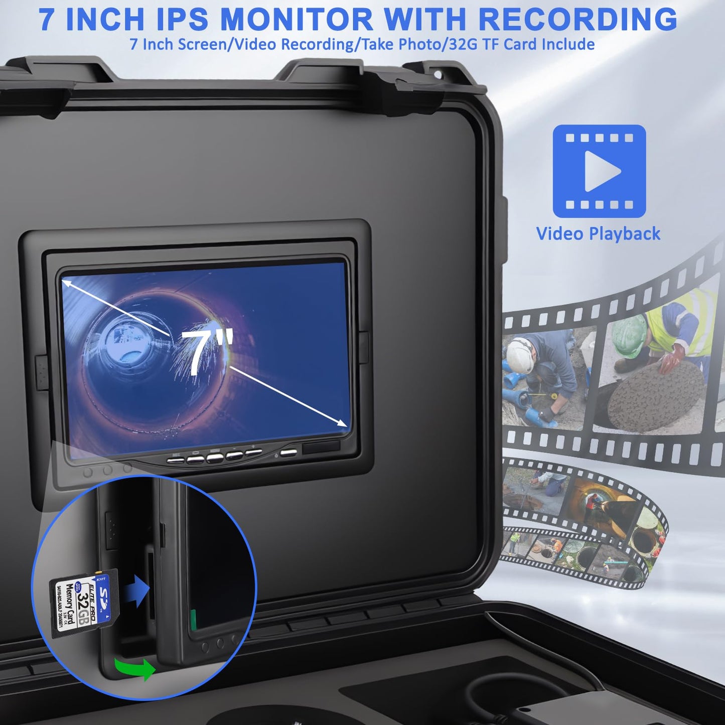 Sewer Camera,Pipe Drain Inspection Camera with DVR, Plumbing Snake Camera with Light, 7'' HD 1080P IPS Screen,16X Digital Zoom,32GB Card,100FT/30M,IP68 Waterproof Borescope for Industrial Plumber
