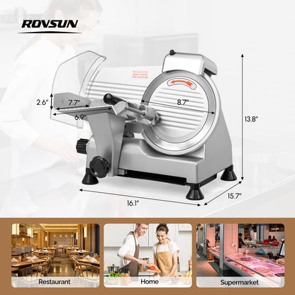 ROVSUN 210W Commercial Meat Slicer, 8 inch Electric Meat Slicer Machine with Adjustable Thickness(0-13mm), Frozen Meat Deli Cheese Food Slicer with Upgraded Carbon Steel Blade for Home and Commercial