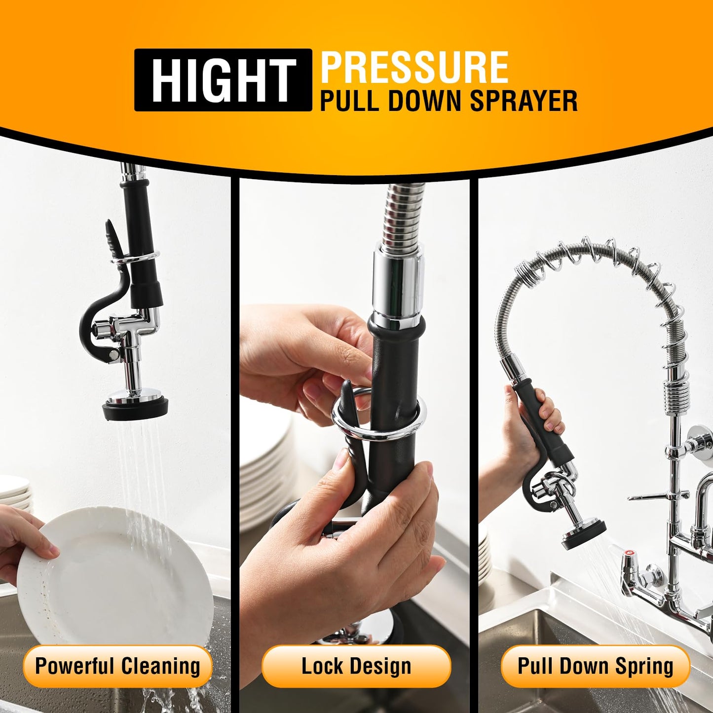 GIMILI Commercial Sink Faucet with Sprayer, 25" Height 8 Inch Center Pull Down Wall Mount Faucet for Restaurant, Kitchen, Industrial, Farmhouses Sink