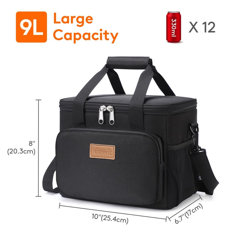 Lifewit Medium Lunch Bag, Insulated Lunch Box, Soft Cooler Cooling Tote for Adult Men Women, Black and Green 12-Can (9L)