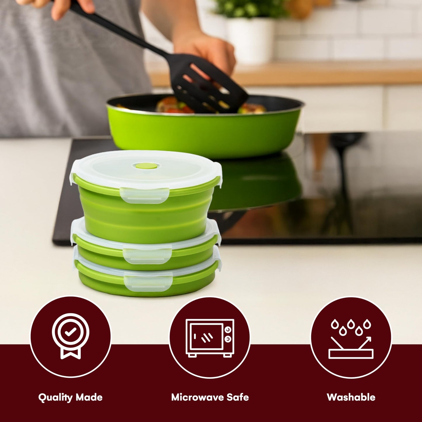 Vdomus Collapsible Food Storage Containers - Leak Proof, Microwave Safe - 40.5oz/1.2L Airtight Silicone Food Containers - Meal Prep Collapsible Bowls with Lids - Set of 3 - Green