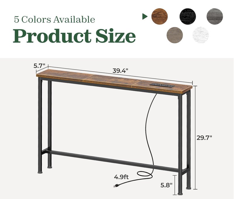 SUPERJARE 5.7 Inch Console Table with Outlet, Sofa Table, Behind Couch Table, 5.7 x 39.4 x 29.7 Inches, Metal Frame, for Living Room, Hallway, Rustic Brown