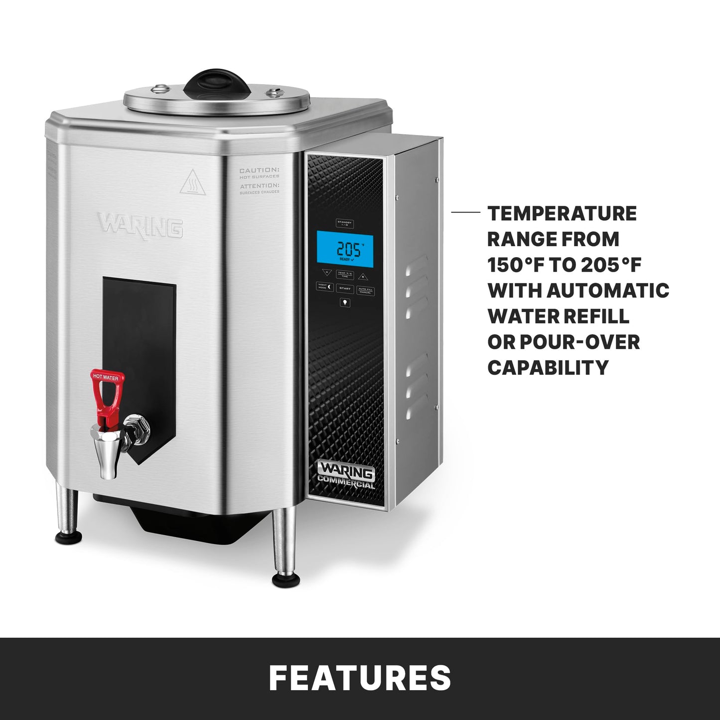 Waring Commercial Hot Water Dispenser, 10-Gallon Capacity, Digital LCD Controls, 150-205°F Temperature Range, Night Mode, for Restaurants & Catering Kitchens, 120V, WWB10G