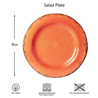 LEHAHA Melamine Salad/Dessert Plates, Crackled Design Plates Set of 6, 9 inch Small Dinner Plates, Modern Rustic Kitchen Serving Dishes for Party, Picnic and Camping Use, Orange