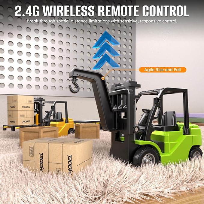 1/64 Full Proportional RC Forklift Toy10 Channel 2 Mode Mini Remote Control Forklift Truck with Flatbed Tow Truck 3 in 1 Transformable Lift Fork &amp Hook &amp Trailer with Lights &amp Sounds for