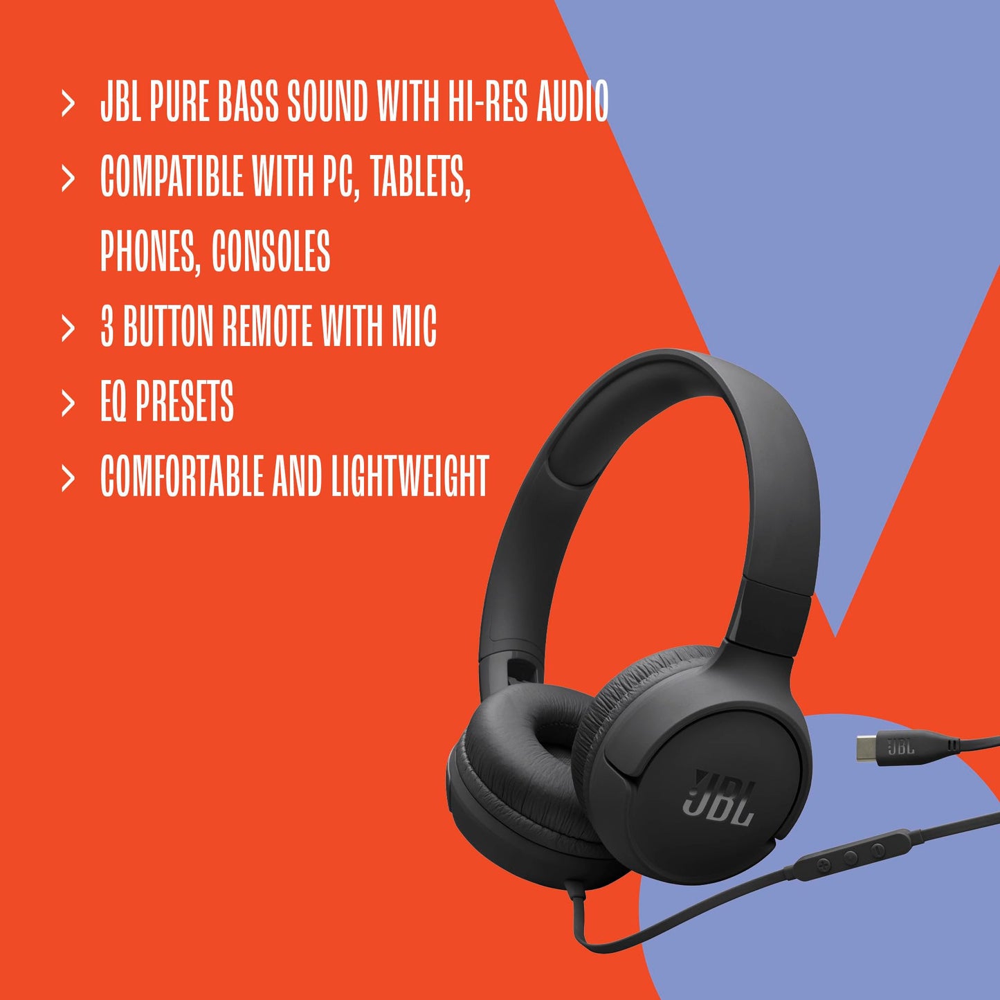 JBL Tune 520C - USB-C Wired on-Ear Headphones with Hi-Res Audio Support, JBL Pure Bass Sound, Comfort fit, USB-C connectivity, 3-Button Remote with Microphone and EQ presets Control (Black)