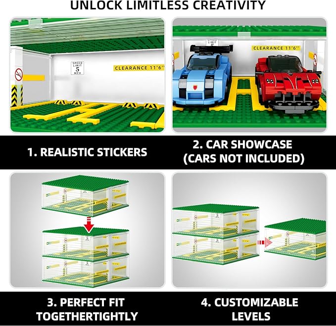 Creative Three-Story Building Block Garage with Display Features Compatible with Small Lego Cars (130 Pieces) Ideal for 8-Studs Wide Building Blocks Cars (Cars Not Included)