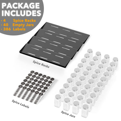 SpaceAid Spice Drawer Organizer with 28 Spice Jars, 386 Spice Labels, 4 Tier Seasoning Rack Tray Insert for Kitchen Drawers, 13" Wide x 17.5" Deep