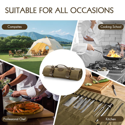 HEZHEN Chef Knife Roll Bag 16oz Oil Waxed Canvas, Heavy Duty Portable Backpack Knife Case Storage, 12 Slots & 2 Zipper Pockets, Detachable Adjustable Leather Shoulder Strap Belt（Not Included Knives）
