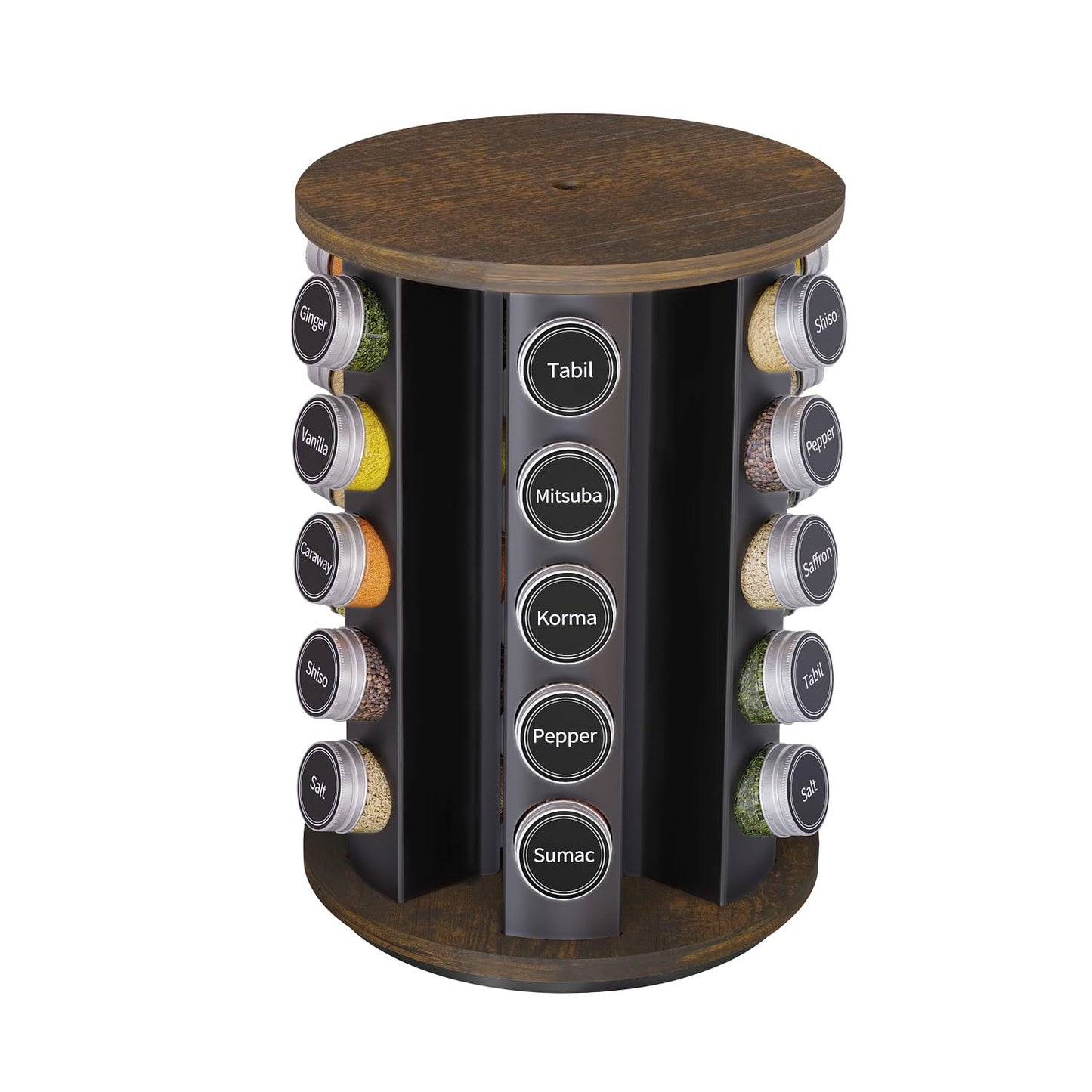 Revolving Spice Rack Set with 20 Spice Jars, Kitchen Spice Tower Organizer for Countertop or Cabinet -- Carousel Storage Includes 386 Spice Labels -- Desktop Rotating Seasoning Organizer