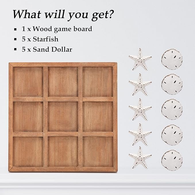 NIKKY HOME Beach Tic Tac Toe for Fun Starfish Sand Dollar Coastal House Coffee Table Decor Wood Board Travel Game 8.97 by 8.97-in Distressed White