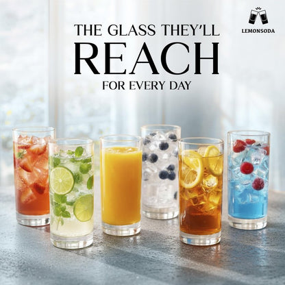 LEMONSODA Highball Glass Set | 15oz Set of 12 | Lead-Free Glass with Heavy Base | Dishwasher Safe Cocktail Glasses for Mojito Whiskey Iced Tea | Gift Box Included | Modern Durable Bar Glassware