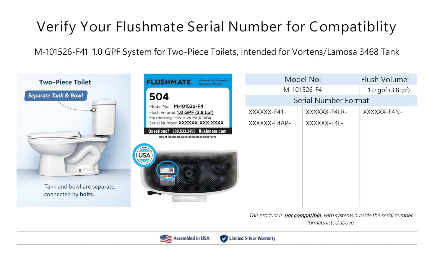 Flushmate M-101526-F41 Complete Replacement System: 1.0 GPF System for Two-Piece Toilets, Intended for Vortens/Lamosa 3468 Tank, Quiet Operation, Ideal for Residential & Commercial Use