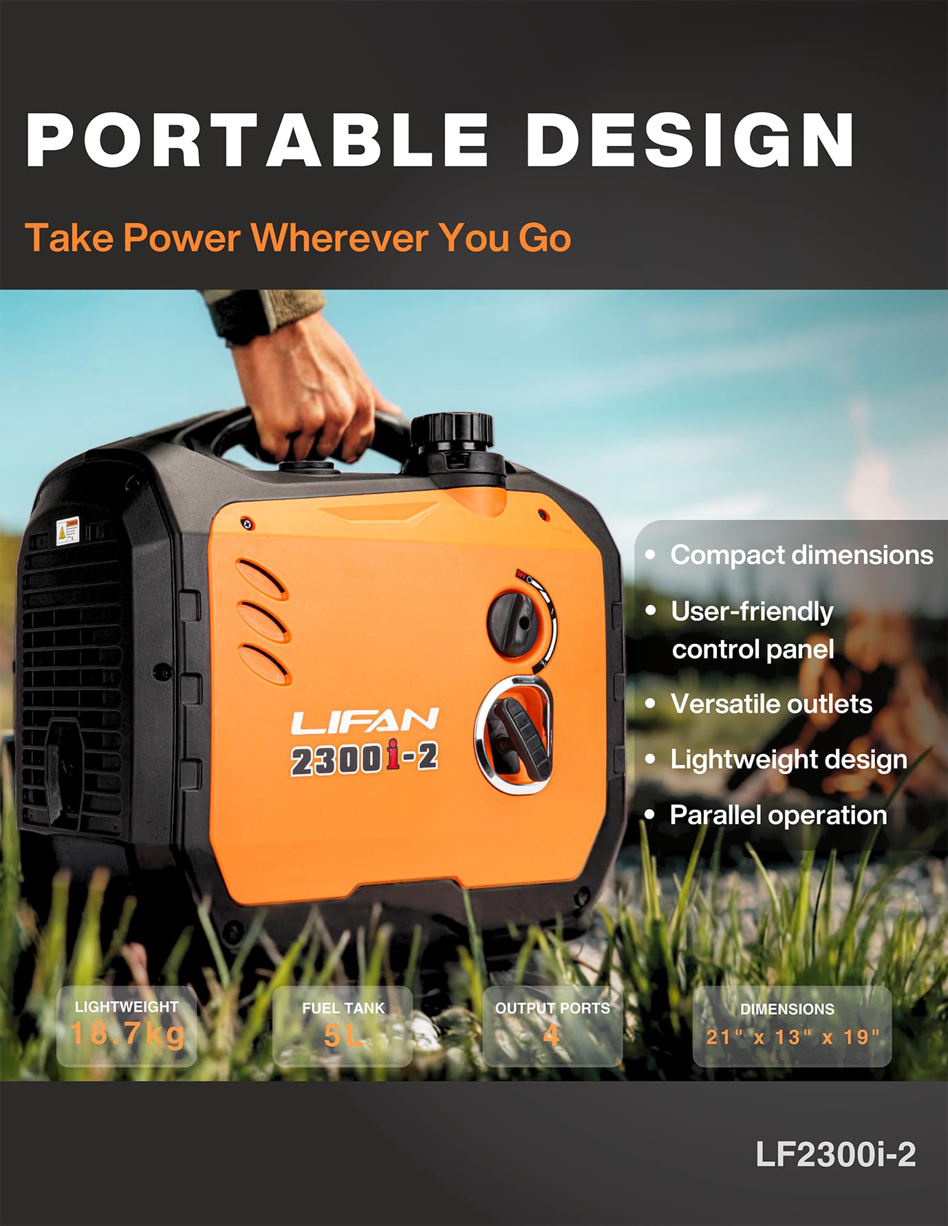 LIFAN 2300W Gasoline Inverter Generator - Portable, Quiet & Fuel-Efficient Power Solution for Home, Camping, RV & Emergency Use with Parallel Capability