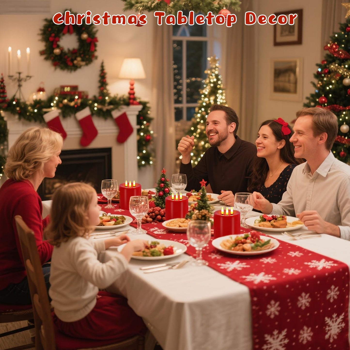 VEEKI Large 3 Wick Flameless Candles, 4"x4" Flickering Flameless Candles with Remote & Timer, Dimmable Real Wax LED Candles Battery Operated, Electric Pillar Candles for Home Xmas Decor (Red)