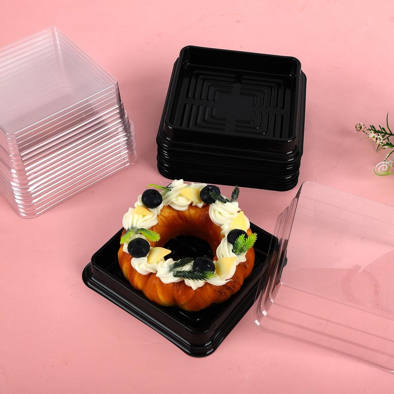 Hewnda 50 Pack Black Cake Pans,Bottom 5Inch X Heigh 2.2Inch Clear plastic mini cake box muffins box cookies box wedding birthday gift box