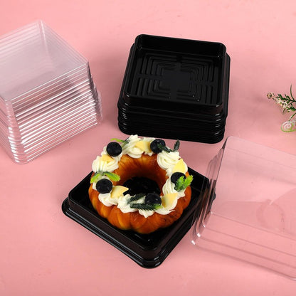 Hewnda 50 Pack Black Cake Pans,Bottom 5Inch X Heigh 2.2Inch Clear plastic mini cake box muffins box cookies box wedding birthday gift box
