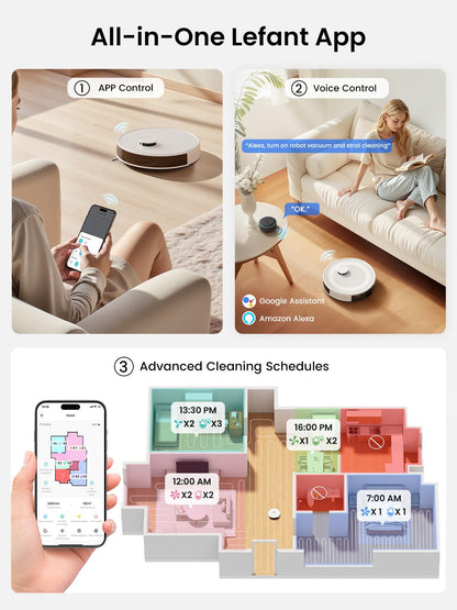Lefant LiDAR Robot Vacuum and Mop, 45-Day Self-Emptying, 190° PSD Obstacle Avoidance, Customized Cleaning, Multi-Floor Mapping, 5500Pa Strong Suction, 140 Min Runtime, WiFi/Alexa/APP, M2 Pro