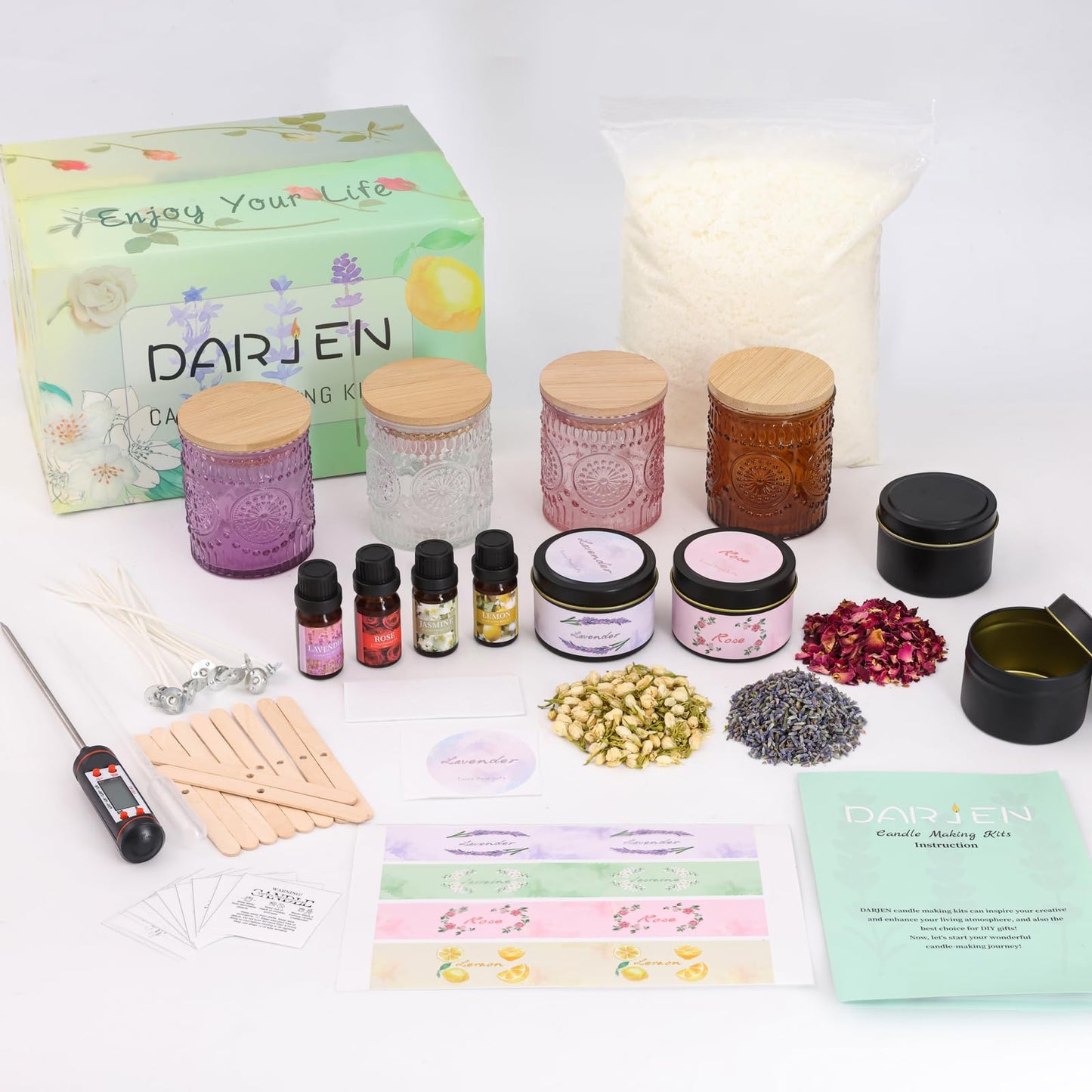 DARJEN Candle Making Kits - Soy Candles Making Supplies for Adults Including 4 Candle Jars(Clear, Pink, Amber, Purple), Candle Tins, Wax, Scents, Dried Flower & More, DIY Arts & Crafts Kits Home Decor