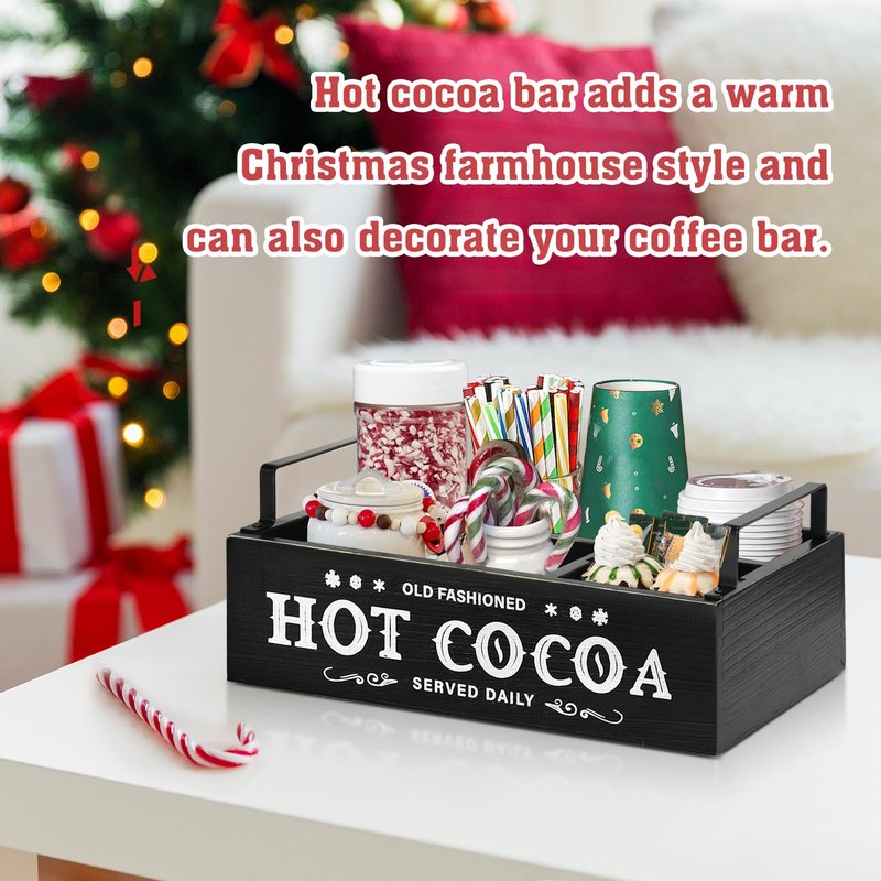 Hot Chocolate Bar Organizer with Handle, Farmhouse Hot Bar Supplies for Chocolate Maker, Countertop Wood Coffee Station Organizer Decorative Storage Bins, Cocoa Lovers Gift