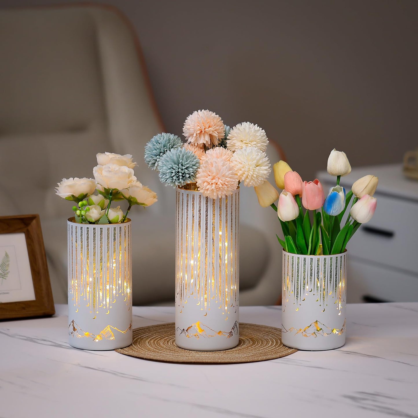 Ashroder Starry Night Hurricane Candleholders with Warm LED Lights & Remote Timer, Elegant Twinkling Decorative Centerpieces for Wedding, Dining Table, Living Room, Mantel Décor, Set of 3 (White)