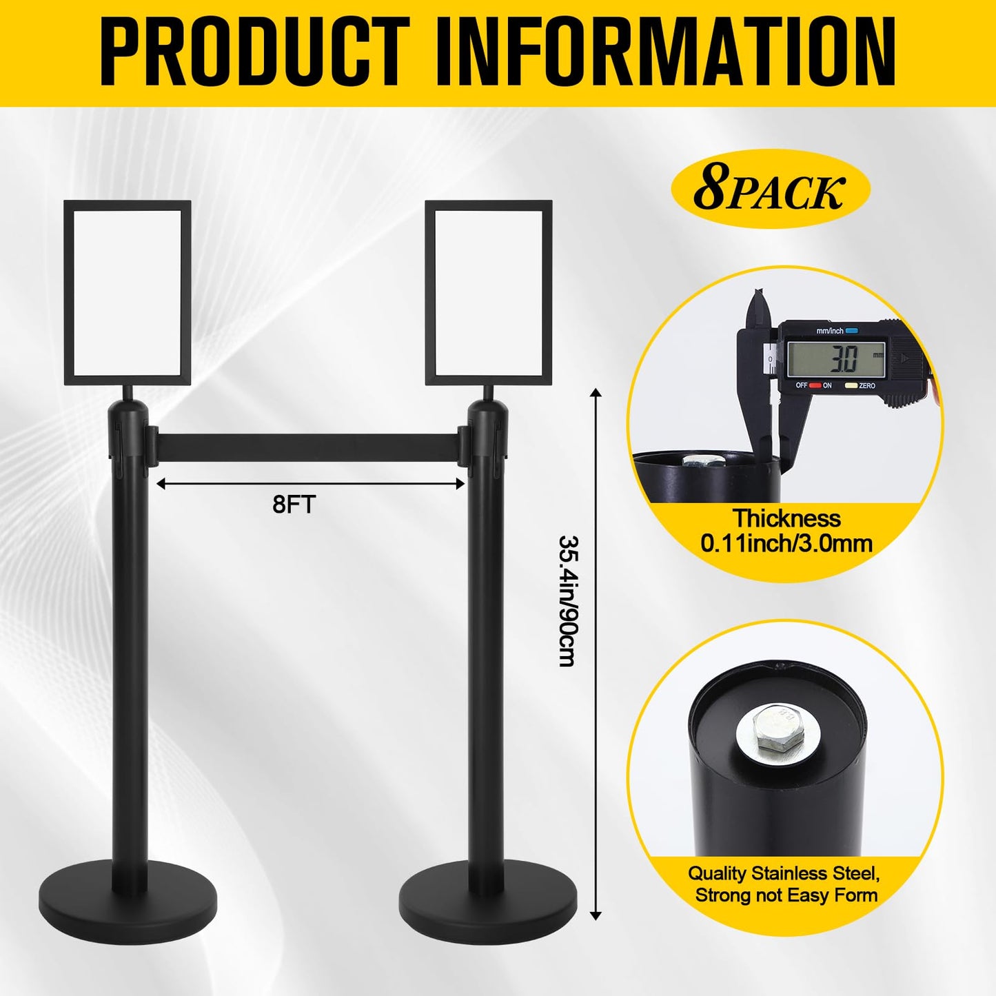 Therwen 8 Pcs Stanchions with 8.2 ft Retractable Belt Black Crowd Control Stanchions Set and Stanchion Post Sign Easy to Assemble Line Dividers Queue Ropes for Theaters, Weddings, Exhibitions