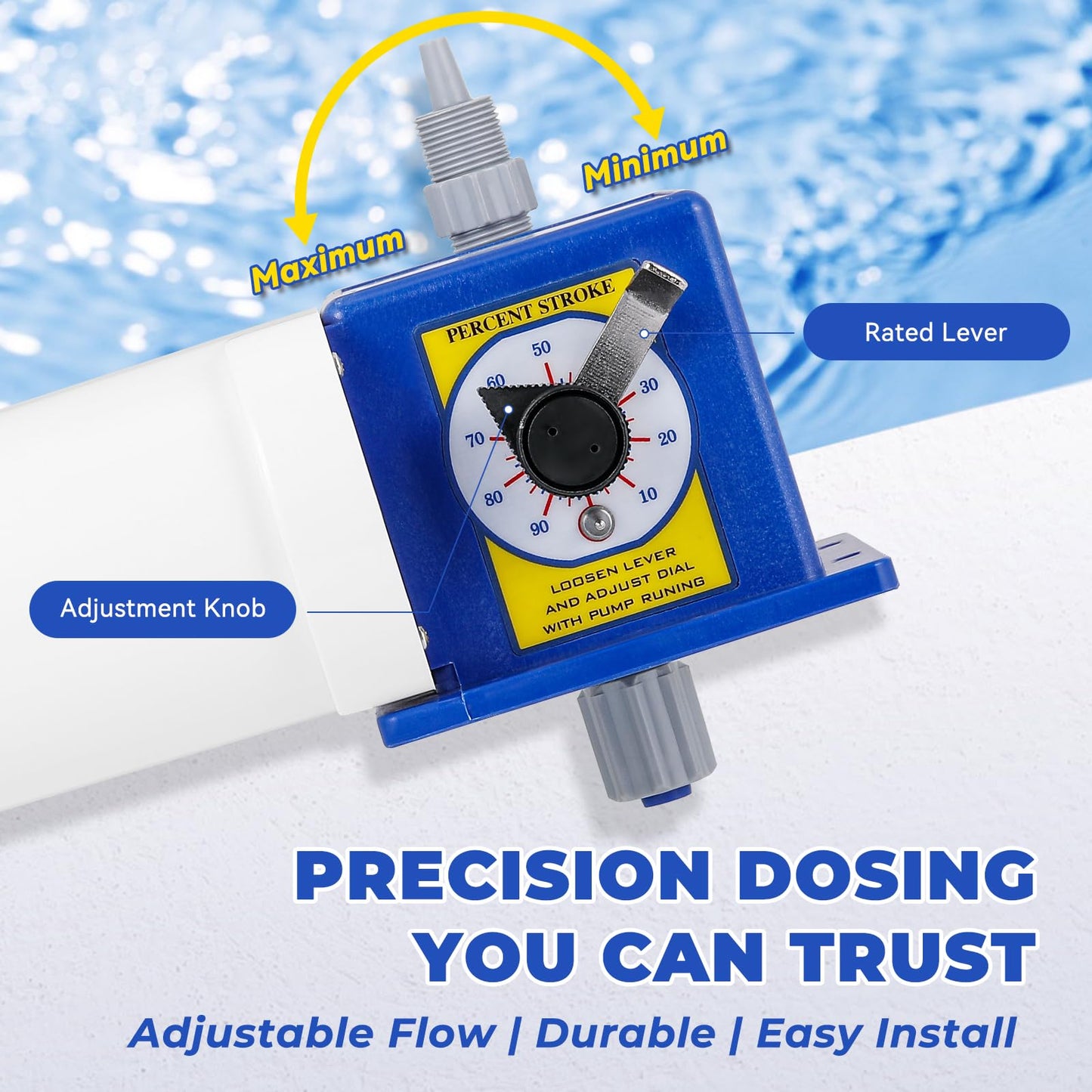 Crispaire Diaphragm Metering Pump for Chemical Laboratory Dosing 30 GPD (4.72 LPH) 100 PSI Adjustable Flow PVC Liquid End with Ceramic Ball Valves Includes Suction & Discharge Tubing 3/8" Ports