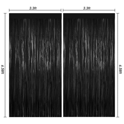 Black Foil Curtain Backdrop,2Pack Black Metallic Tinsel Foil Fringe Curtains Photo Booth Props for Birthday Wedding Graduation Baby Shower Bachelorette Christmas Halloween Disco Party Door Decorations