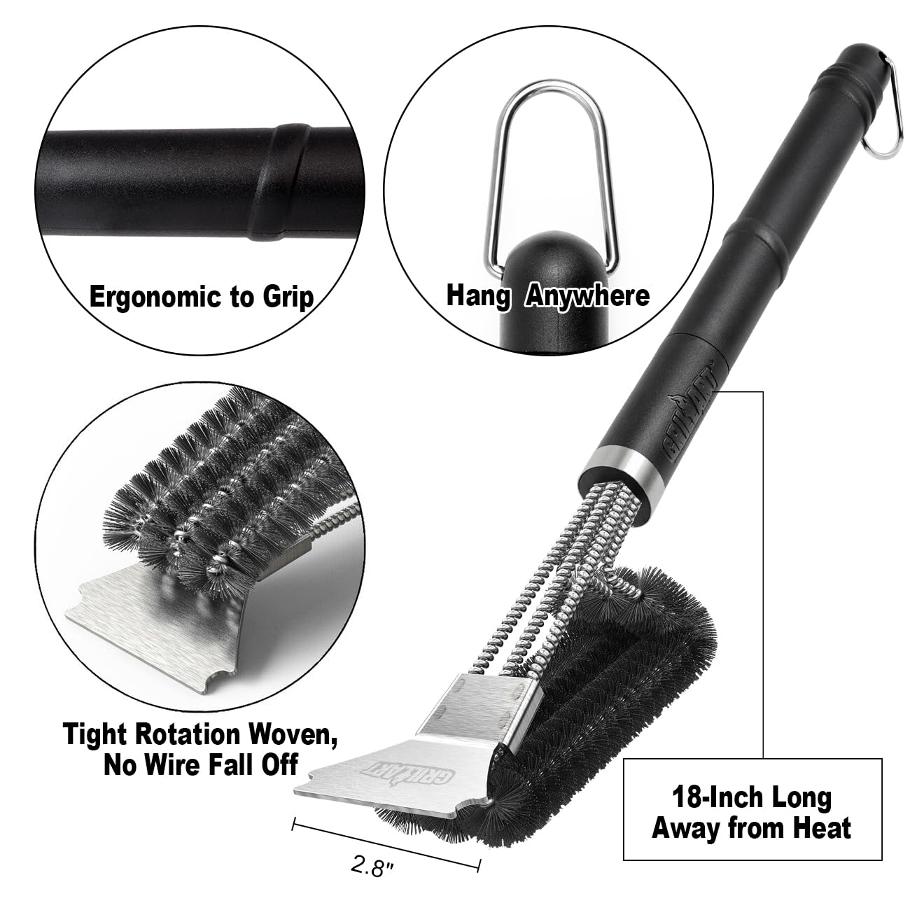 GRILLART Grill Brush and Scraper BBQ Brush for Grill, Safe 18" Stainless Steel Woven Wire 3 in 1 Bristles Grill Cleaning Brush, BR-4516
