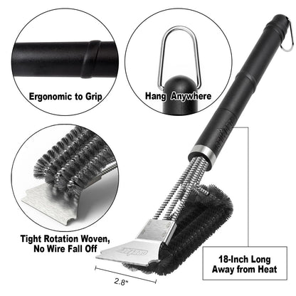 GRILLART Grill Brush and Scraper BBQ Brush for Grill, Safe 18" Stainless Steel Woven Wire 3 in 1 Bristles Grill Cleaning Brush, BR-4516