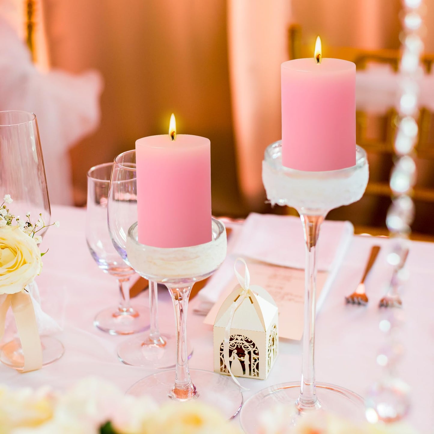 6 Pack 2x3 inch Pillar Candles, Pink Unscented Votive Candle for Celebration Home Decoration, Dripless and Long Burning Time