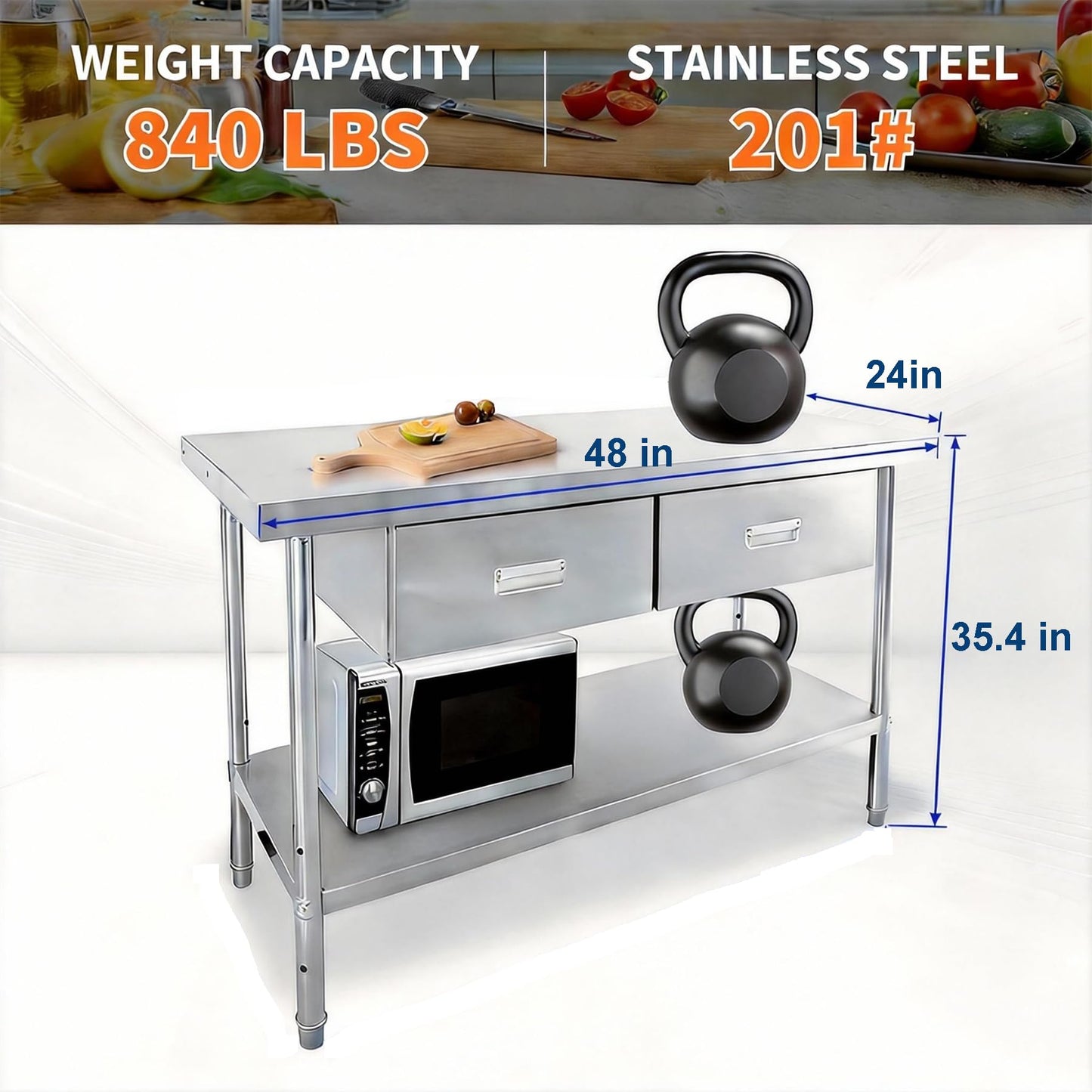 Stainless Steel Table with Drawers, 48" X 24" Heavy Duty Commercial Work & Prep Table with Adjustable Undershelf, Work Tables Workbench for Home Restaurant Kitchen Bar Hotel Garage