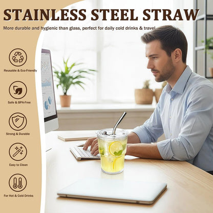 12 Packs Ribbed Glass Tumbler with Lid and Straw 13 oz Cute Ice Coffee Cup Set Bulk Vasos de Vidrio Con Tazas Para Cafe Cocina Accesorios Home Bar Accessories New Home House Warming Gift Kitchen Stuff