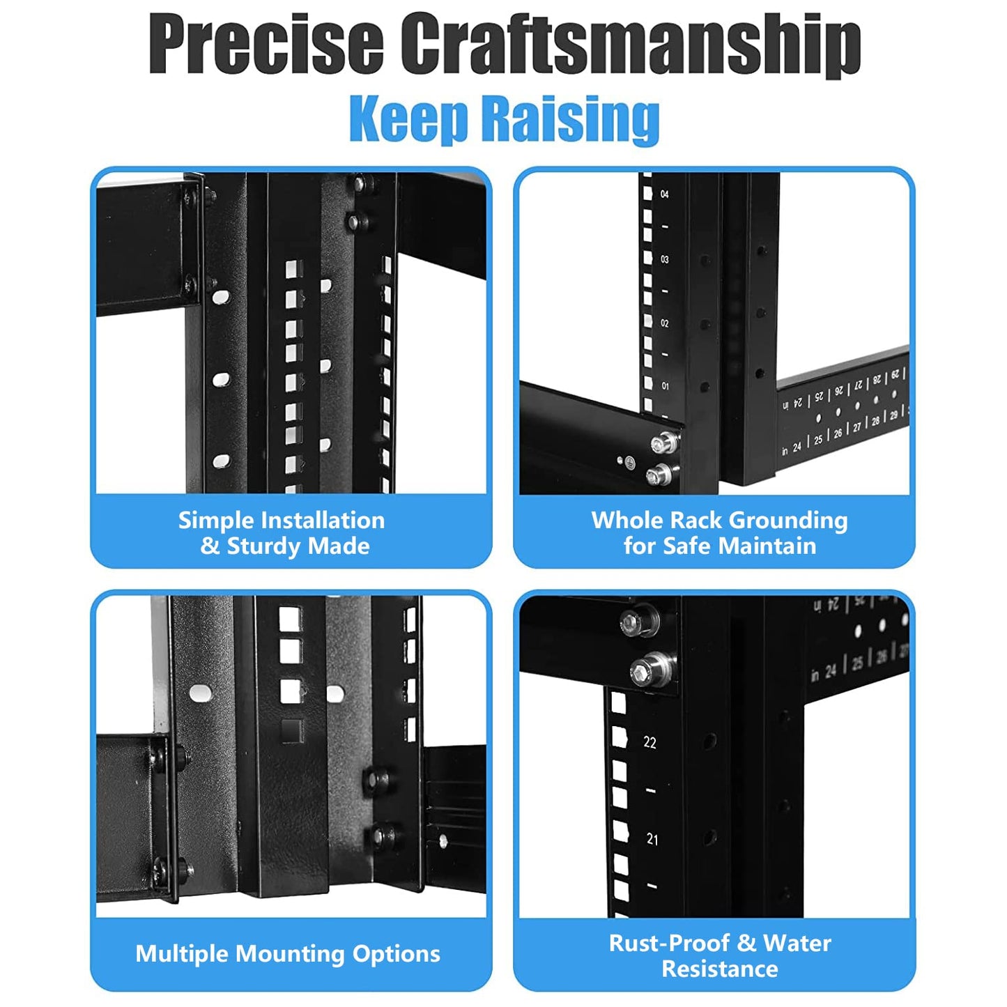 Raising Electronics Server Rack 4 Post Open Rack Frame Rack Enclosure 19 Inch Adjustable Depth Cold Rolled Steel（15U,36 Inch Height）