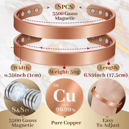 Auramag Copper Bracelets for Women, Magnetic Bracelet for Men with 3500 Gauss Magnets, Adjustable Jewelry with Gift Box(2 PCS)
