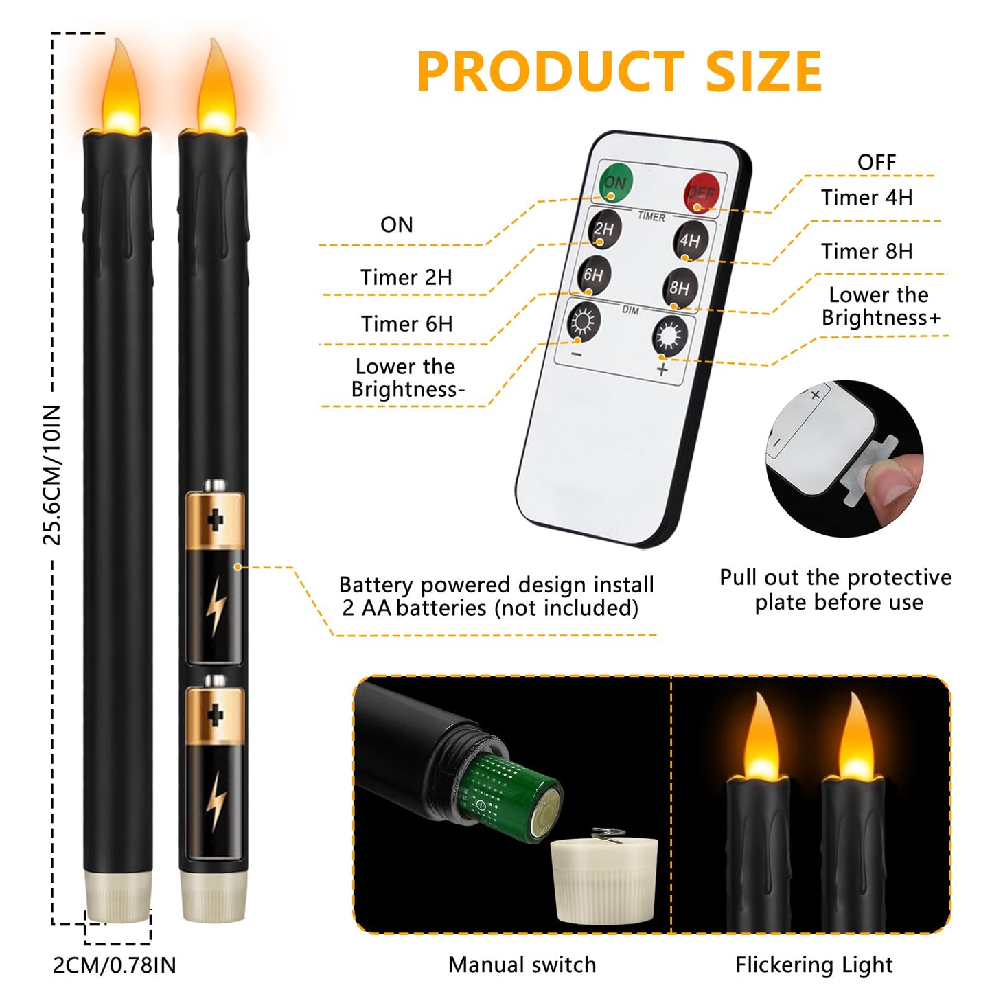wemarry 10" Flameless Taper Candles with Remote, 12 Pcs Black Electric Led candlesticks, Plastic Tall Taper Candles Battery Operated with Flickering Flame for Halloween Christmas Wedding Home Décor
