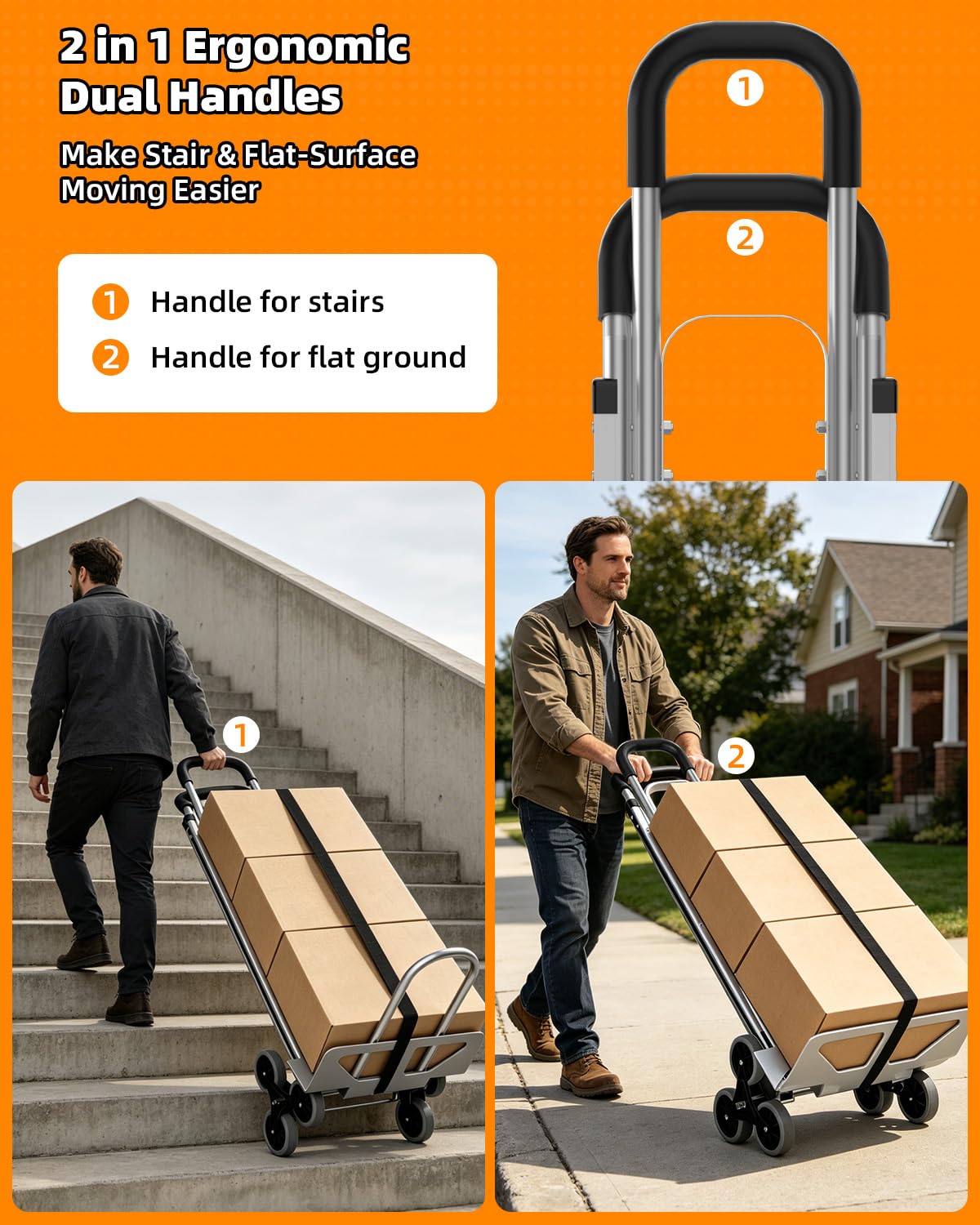 Aluminum 2 in 1 Hand Truck Dolly Cart with 6 Wheels, 600 Lbs Capacity, Heavy Duty Stair Climbing Dolly with Dual Handles, Bungee Cord & Strap for Flat Ground & Stairs, Warehouse, Home, Office, Silver