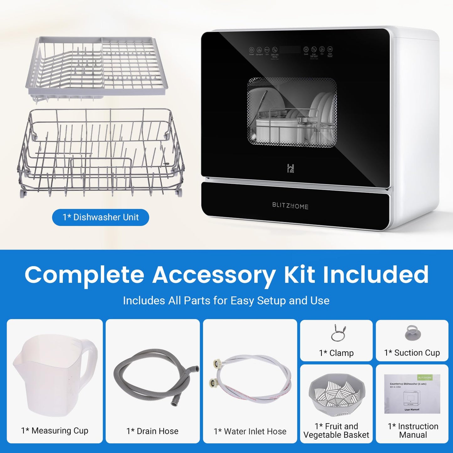 BLITZHOME WiFi Countertop Portable Mini Dishwasher, Smart 9 Programs,167℉ High-Temp, Hot Air Drying, Air Refresh, 360° 3 Spray, 24H Timing, LED Light, 5.2L Built-in Water Tank for Apartments RVs
