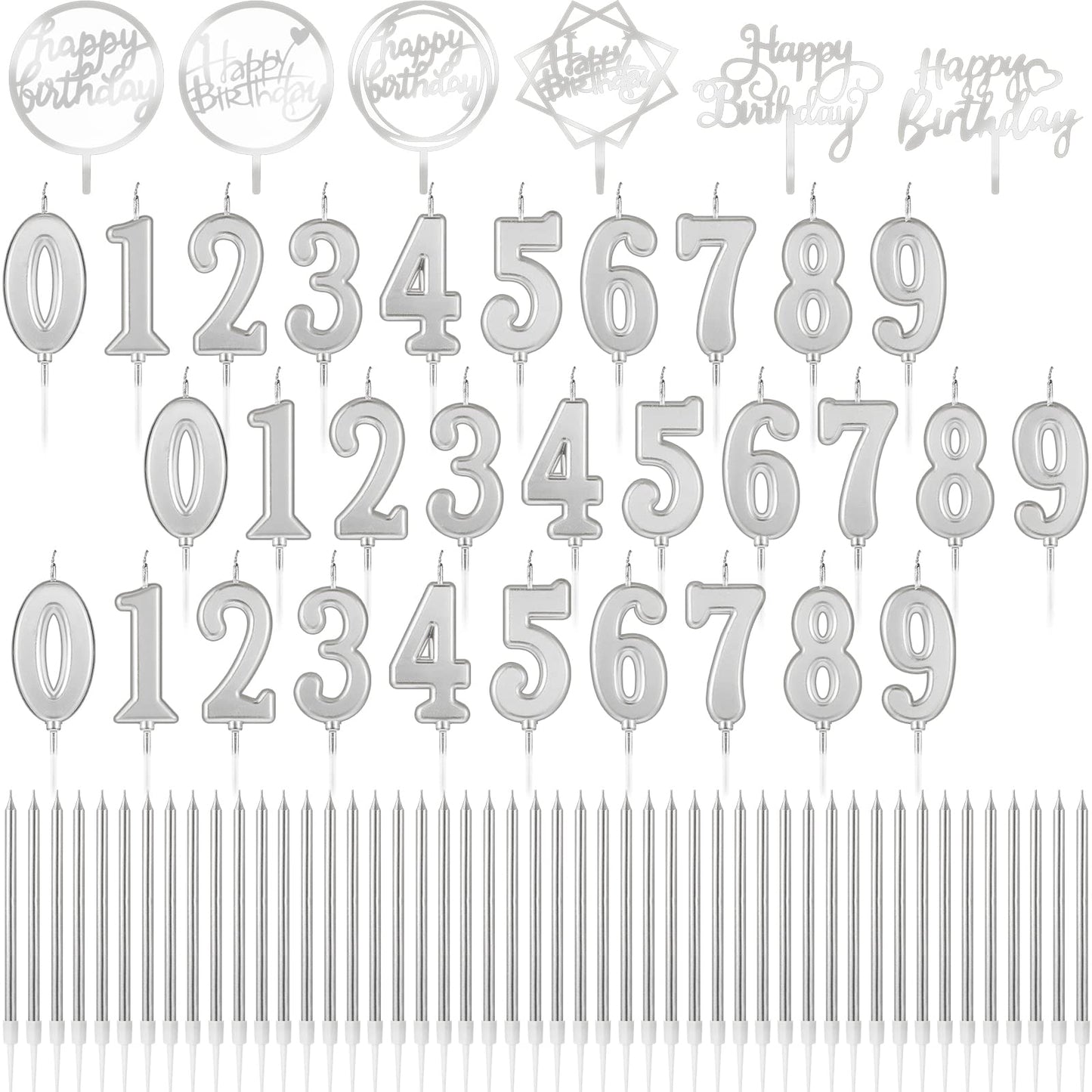 Shihanee 84 Pcs Birthday Cake Toppers Decorations Long Thin Metallic Birthday Candles Bulk Number Candles 0-9 DIY Cake Decor for Wedding Anniversary Party(Silver)