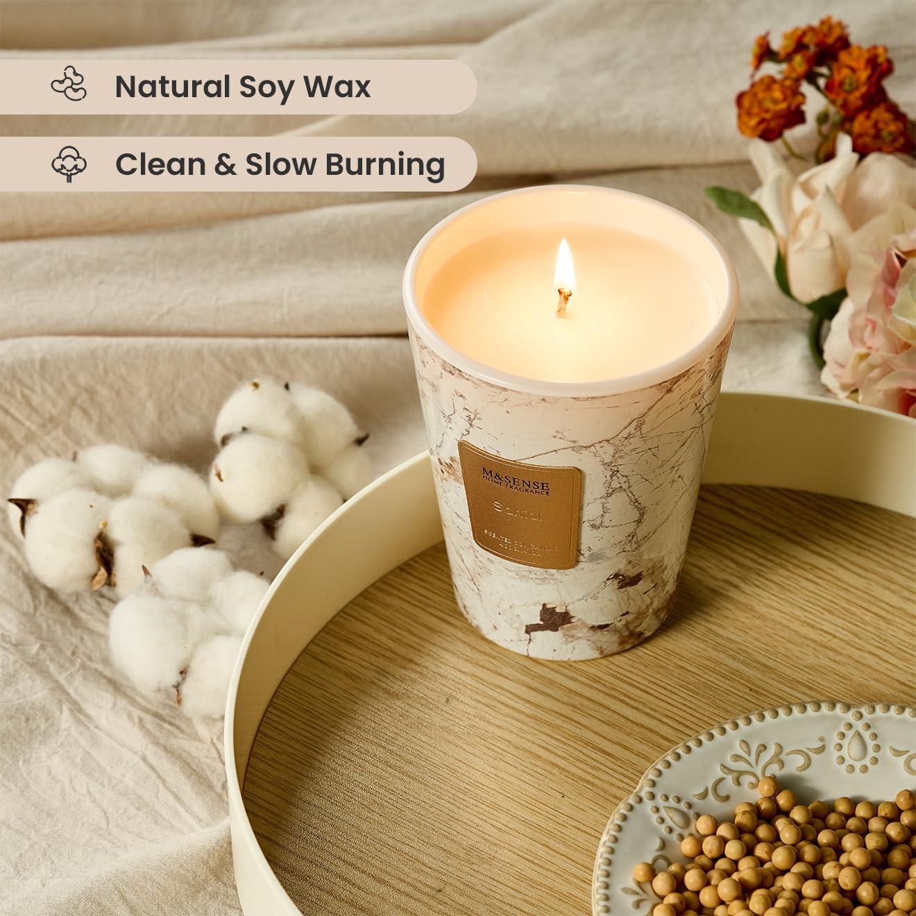 M&SENSE Santal Scented Soy Candle, 3 Wick Highly Scented 14.1 Oz 75H, Aromatherapy Christmas Gift for Women and Men