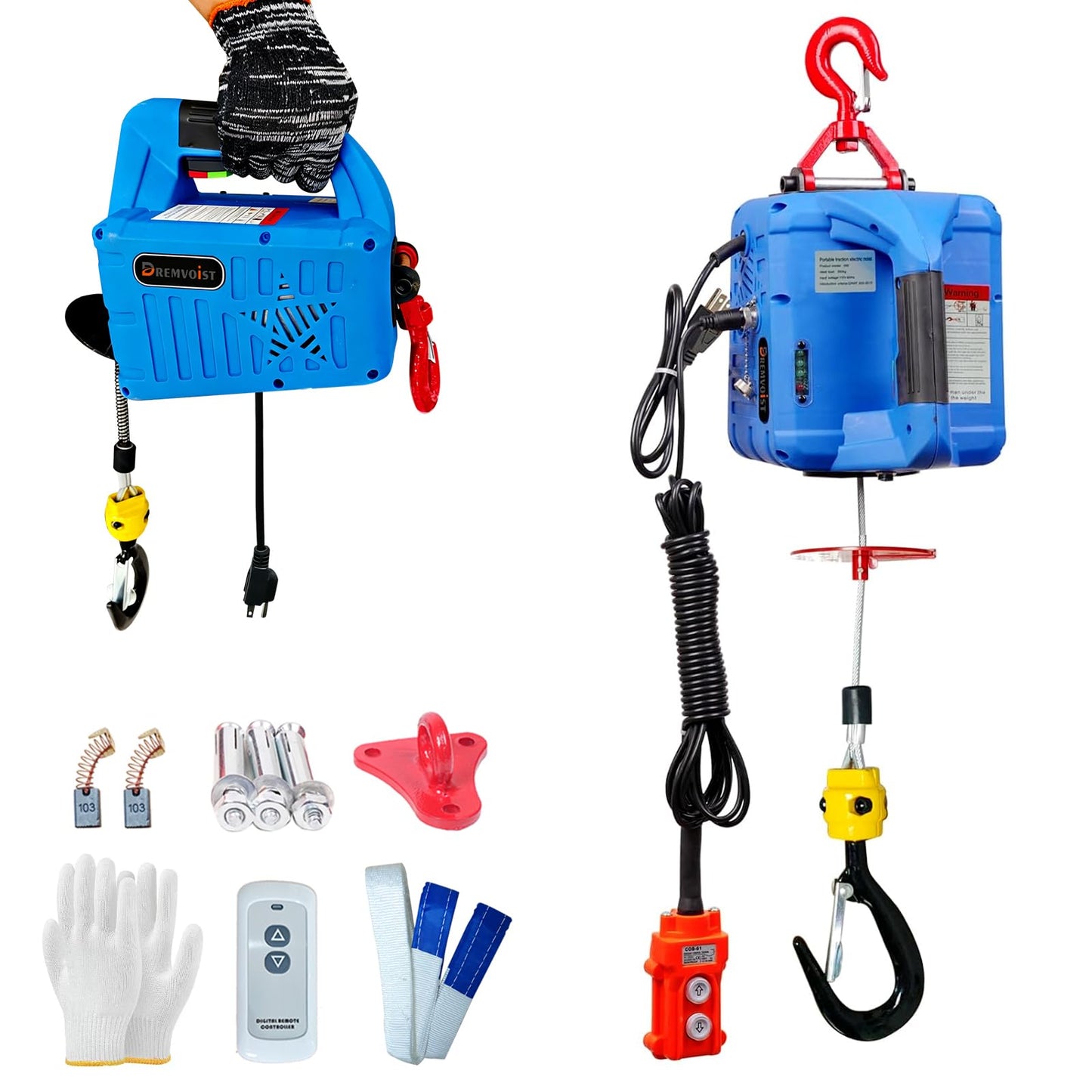 Dremvoist 3 in 1 Electric Hoist Winch,1100LB 1500W Portable Power Winch Crane,110V/120V Electric Winch Crane with Manual Wire Wireless Remote Control,26FT Lifting Height,for Towing,Warehouse,Factories