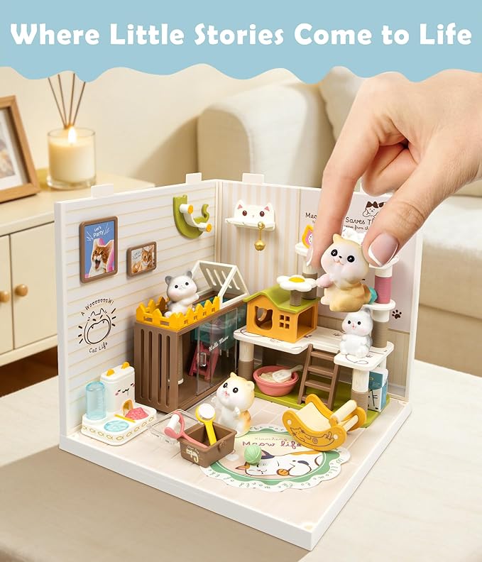 DIY Miniature Cat Pet Shop Dollhouse Kit with Dustproof Cover &amp Roof - Purrfect Tiny Animal Shelter Room with Led Lights - Creative Craft Set for Ages 14+