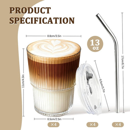 4 Packs Ribbed Glass Tumbler with Lid and Straw 13 oz Cute Ice Coffee Cup Set for Smoothie Juice Matcha Tea Latte Cappuccino Espresso Hot Coffe Water Reusable Clear Travel Boba Aesthetic Drinking Mug