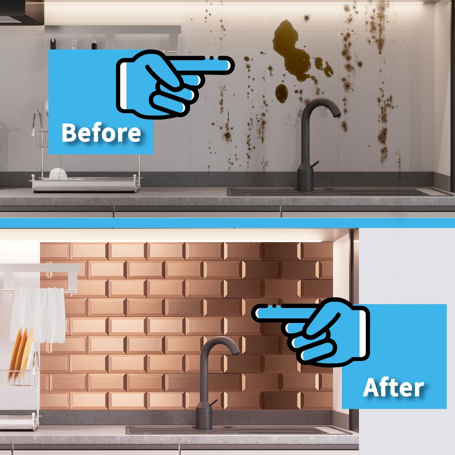 Art3d 100 Pcs Peel and Stick Backsplash Tiles, 3D Textured Metal Stick On Subway Wall Tiles for Kitchen Back Splashes, Bathroom, Laundry Room, 3 x 6 Inch, Copper (Pack of 2)