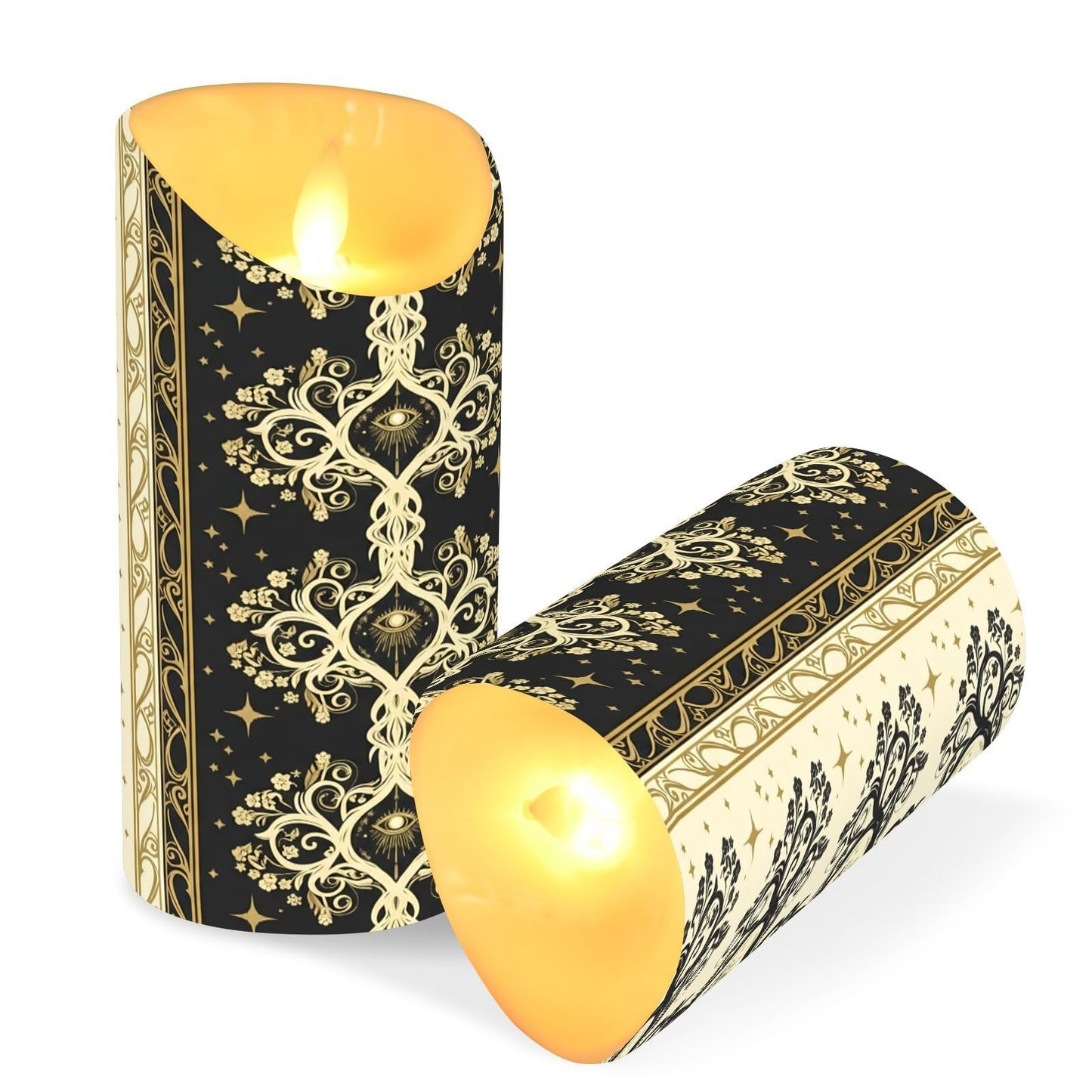 Gravopti Occult Baroque 2 Pack Flameless LED Pillar Candles with Remote & Timer, Battery Operated, Flickering Wax Candle for Wedding, Romantic Home & Party Decor
