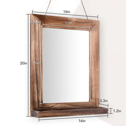 QDSSDECO 16"×20" Wall Mirror with Shelf Farmhouse Decor Rectangular Mirror Hanging for Bathroom, Vanity, Bedroom, Entryway, Living Room,Brown with Hemp Rope