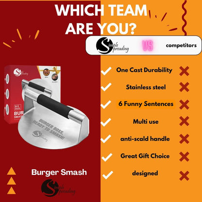 Simple preading Smash Burger Press with Fun Quotes - Stainless Steel Hamburger Smasher for Griddle & Grill Press, Perfect for BBQ, Flat Tops, Patty Making, (5.5" XL, Burger Boss)