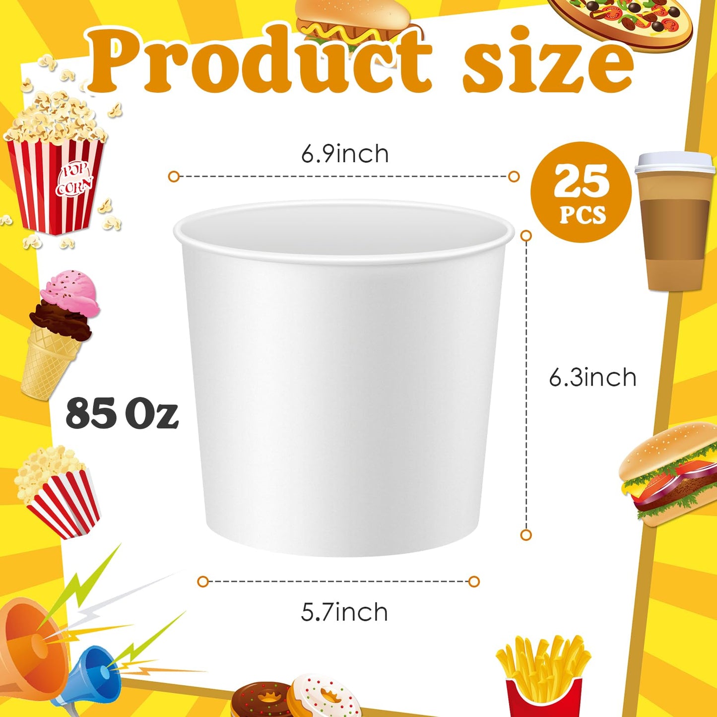 Hoolerry 25 Pcs 85 oz Paper Bucket Cardboard Food Bucket Bulk Disposable Food Container for Birthday Party, Wedding, Baby Shower, Event Gather Party Supplies (Cardboard,White)