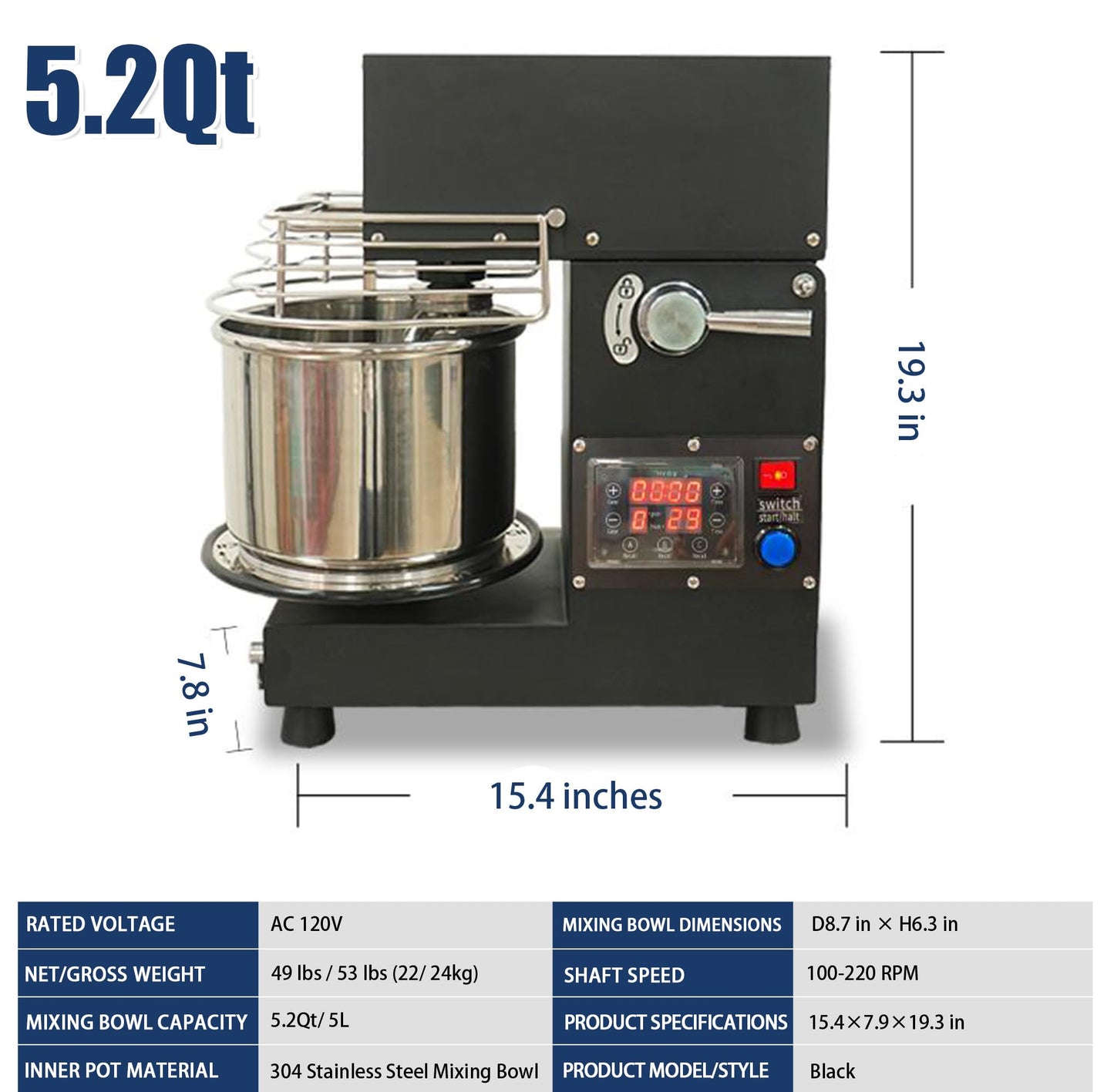 USAJZM 5.2-Quart Commercial Dough Maker, Electric Kitchen Stand Mixer, Heavy-Duty Bread Kneader Machine with Stainless Steel Bowl, Beaters for Baking Pizza, Pasta and Food Mixing